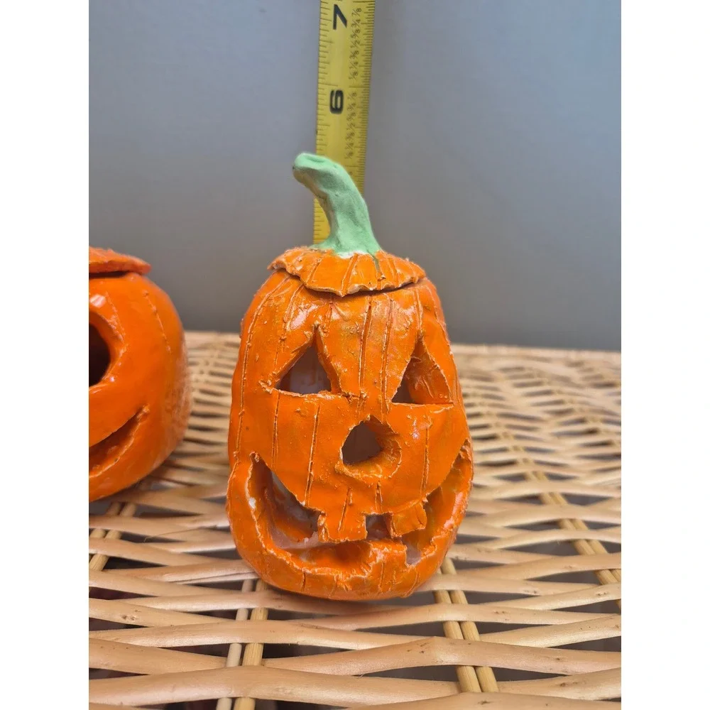 Vintage Handmade Pottery Jack O Lantern Pumpkin Tealight Holders Halloween Pair